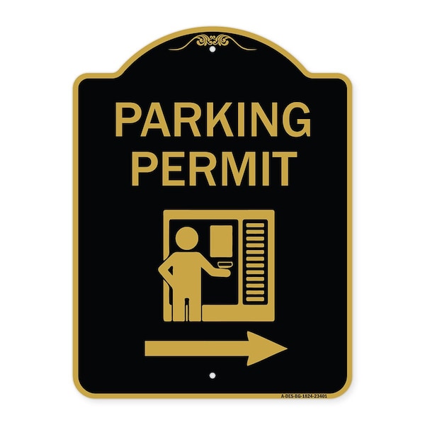 Parking Permit With Right Arrow, Black & Gold Aluminum Architectural Sign, 18" x 24", BG-1824-23401